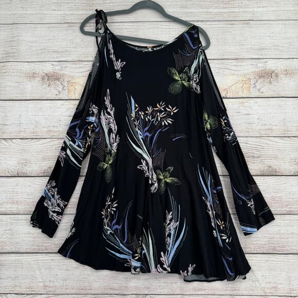 Free People Cold Shoulder Floral Blouse Women's Small Black Asymmetrical Straps - Picture 3 of 8